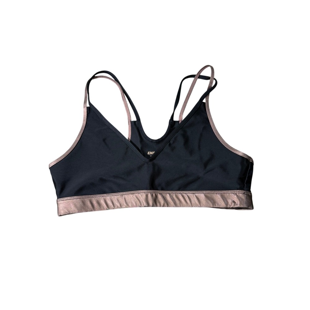 ENSMBL Womens Sports Bra Black Rose Gold Metallic V-Neck Racerback M